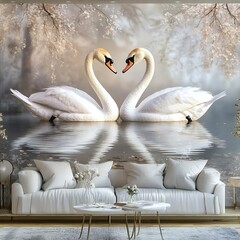 Obraz premium Majestic swan pair floating gracefully high resolution wallpaper