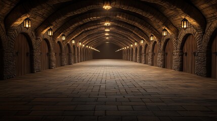 Obraz premium Long stone tunnel with lamps. Could be used for a historical, storage, or secret passage theme