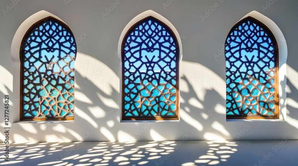 Poster intricate arched windows creating shadow patterns on white wall
