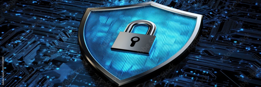 Poster digital shield icon featuring a lock representing cyber security and data protection