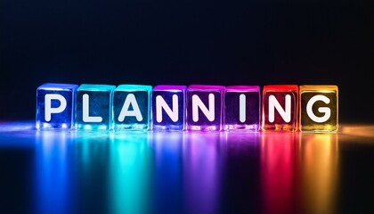 Obraz premium 計画を意味する英単語のplanningの文字が書かれた透明なキューブブロック。AIで生成 