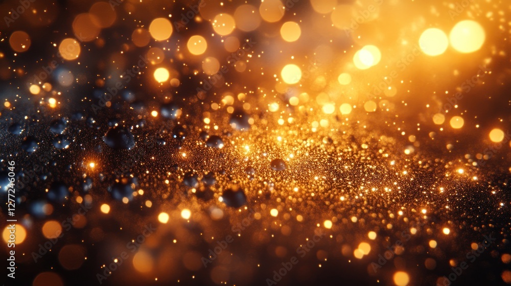 Poster Abstract gold and black bokeh background with glittering particles.