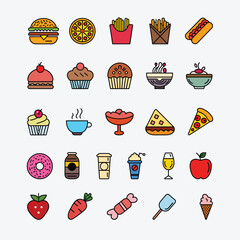 Colorful Food Icons | Fast Food, Sweets & Drinks | Burger, Pizza, Coffee, Ice Cream, Donut, Candy, Fruits, Juice, Noodles, Hotdog, Fries, Tea, Wine, Cupcake, Carrot, Strawberry, Popsicle, Salad