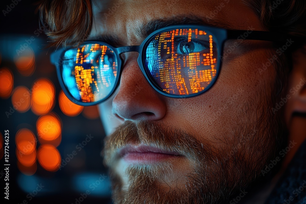 Poster focused developer analyzes digital data while coding in a tech environment