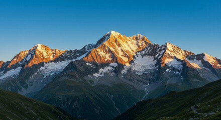 Fototapeta premium Majestic mountain range with snow-capped peaks and clear blue sky
