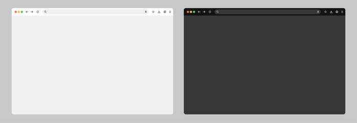 Browser window mockup with website template frame. PC, laptop, mobile, and tablet views, showcasing light, dark, and night mode themes. Vector illustration for web design and UI presentations.