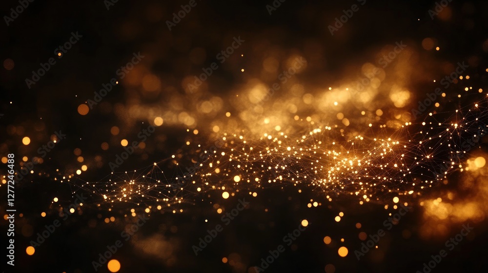 Poster abstract gold particles shimmering in dark background.