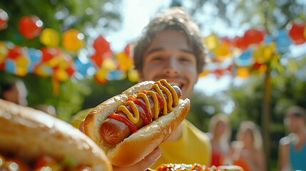 Happy man holding a hot dog at a summer party.