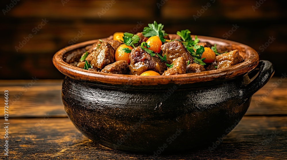 Poster rustic stew with parsley and golden berries in a clay pot for culinary projects
