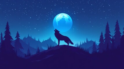 Night Wolf Howls at Full Moon in Forest