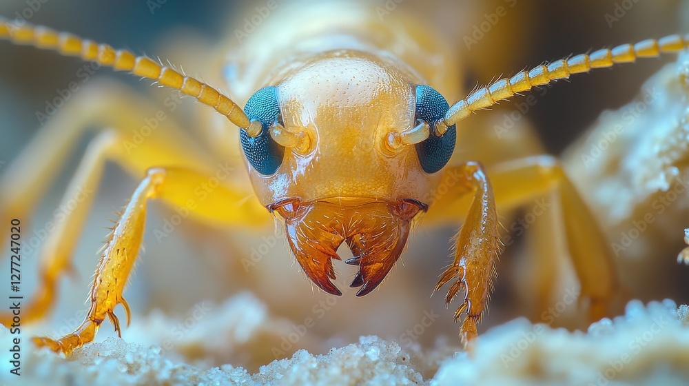 Poster close-up of a golden ant showcasing intricate features and texture against a blurred background