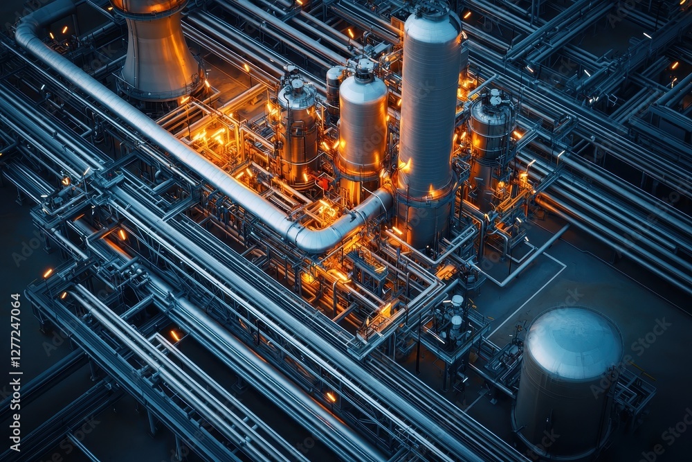 Poster aerial view of an industrial facility featuring interconnected pipes and illuminated structures, sho
