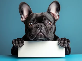 Cheerful, funny french bulldog holding up an empty sign, a white blank board with space for text, on a blue background.