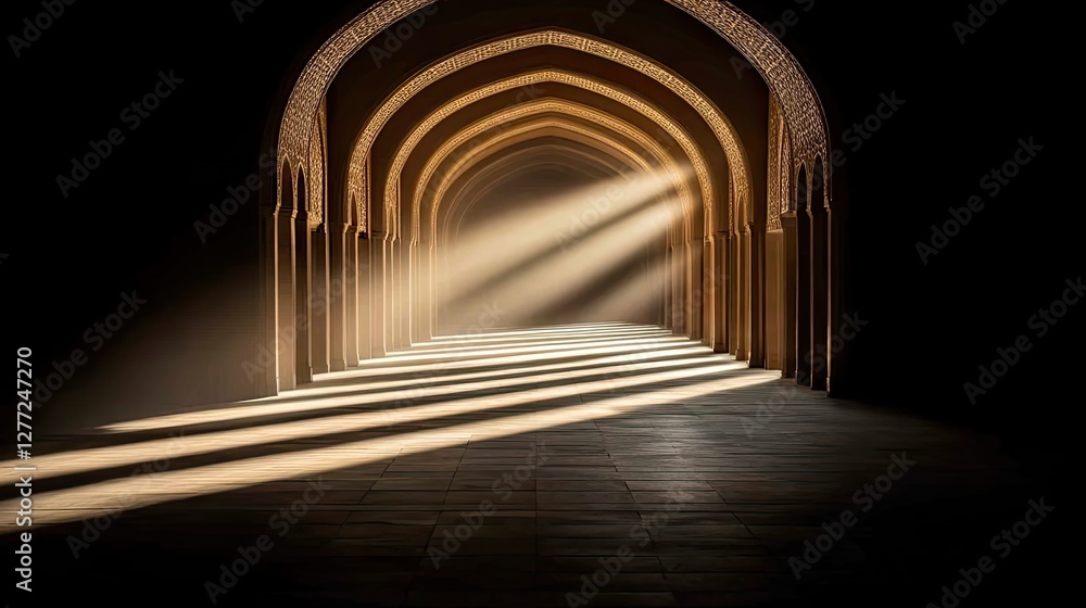 Poster sunlight streams through arches of a corridor; light and shadow effect on tiled floor