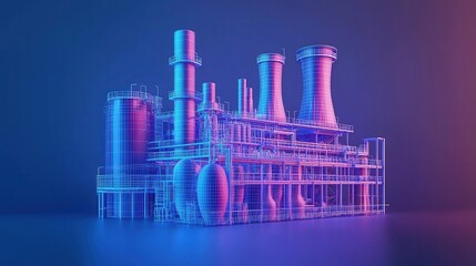 Fototapeta premium A futuristic, colorful wireframe model of an industrial plant, showcasing pipes and towers against a gradient background.
