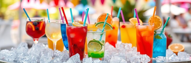 A selection of colorful summer drinks filled with ice cubes and garnished with fresh fruits, ideal for outdoor gatherings and warm days, colorful, vibrant, relaxation