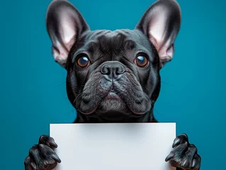 Selbstklebende Fototapeten Cheerful, funny french bulldog holding up an empty sign, a white blank board with space for text, on a blue background. © silver bug
