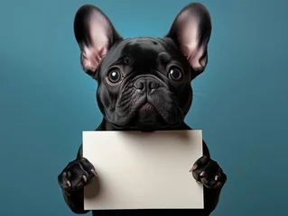 Selbstklebende Fototapeten Cheerful, funny french bulldog holding up an empty sign, a white blank board with space for text, on a blue background. © silver bug