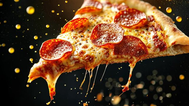 Delicious slice of pepperoni pizza soaring on a black background, an enticing design, Ai Generated.