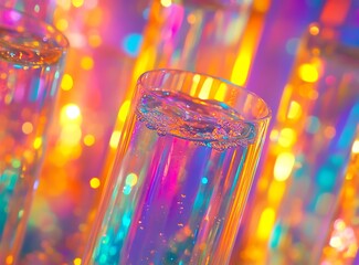 A close-up of test tubes filled with clear liquid, illuminated by vibrant light and set against an abstract background