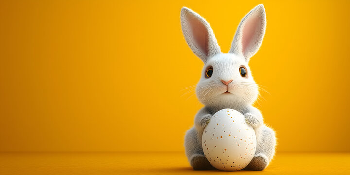 Festive Easter horizontal flyer, banner, header for website with white cracked egg and banny ears on a yellow background. Trendy Easter design with egg, bunny. Greeting card with text Happy Easter