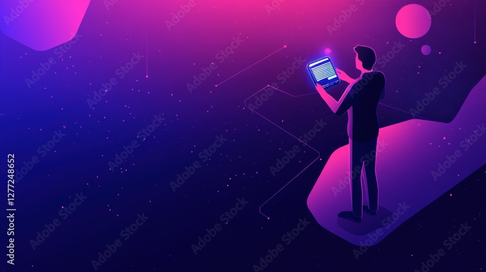 Poster an entrepreneur using a smartphone with a holographic interface displaying business growth insights.