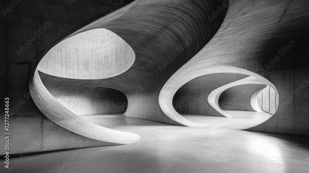 Leinwandbilder Abstract grayscale image of a modern building's interior with curved concrete walls and openings, creating a dynamic and intriguing architectural space.