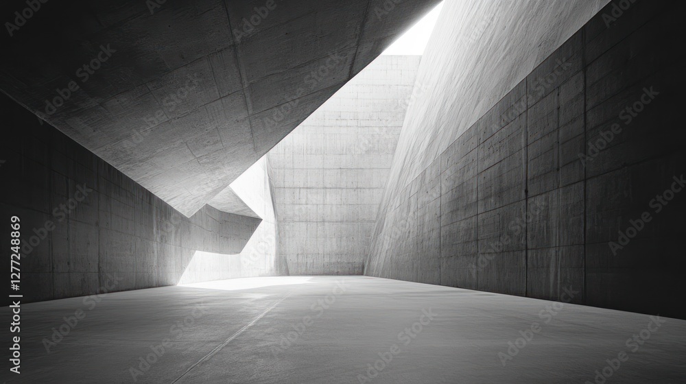Poster abstract grayscale image of a modern concrete architectural interior space with sharp angles and lig