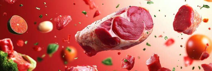 Fresh meat and vegetables arranged in a dynamic advertising layout for culinary promotions