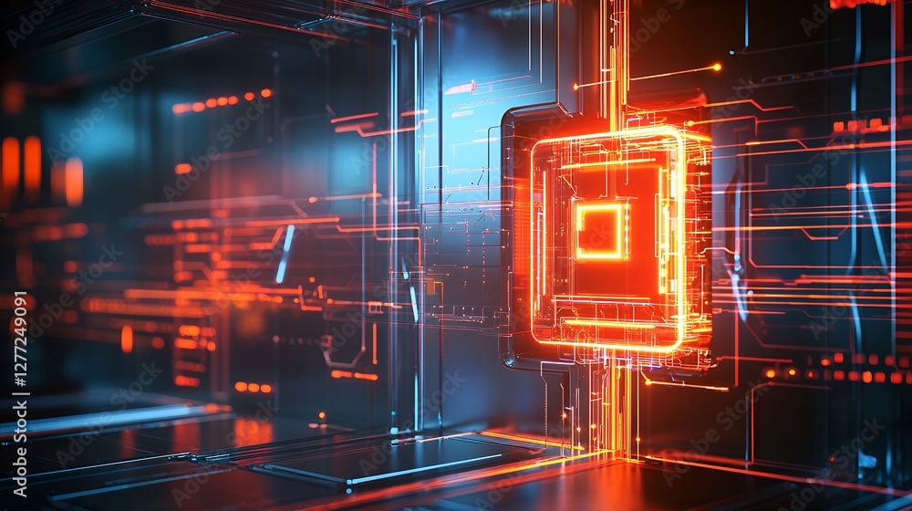 Poster dynamic abstract background of glowing circuit boards with geometric patterns in blue and orange