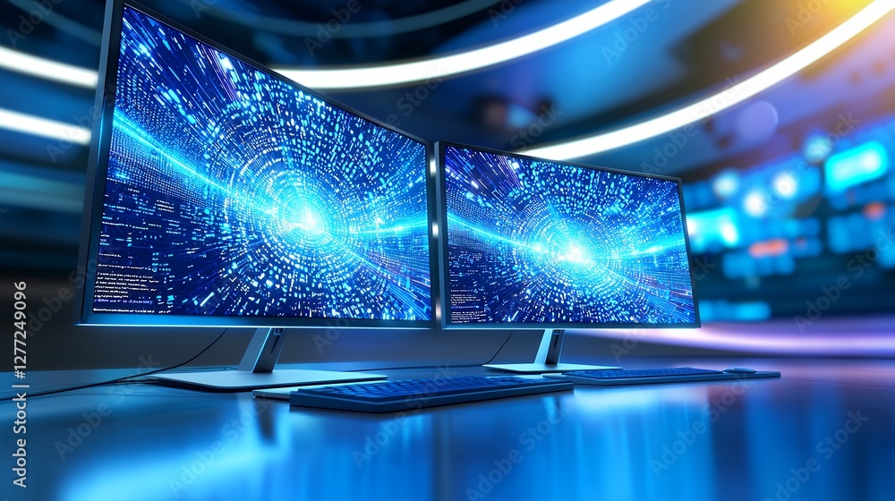 Aufkleber dual monitors displaying abstract blue glowing pattern in futuristic environment