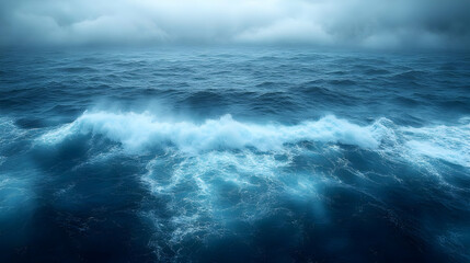 Fototapeta premium Dramatic Ocean Wave Crashing Under Dark Cloudy Sky In Blue Color Palette Natural Light