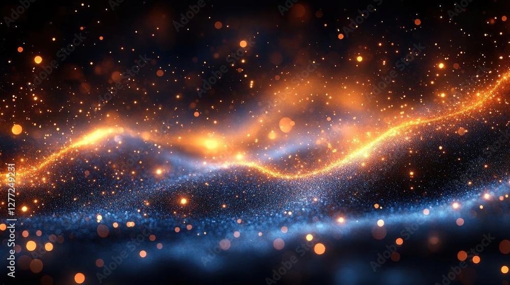 Poster abstract glitter background with wavy lines in blue and gold color with a bokeh effect