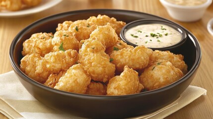 A bowl of crispy golden onion rings, served with a tangy dipping sauce on the side.