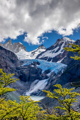 Piedras Blancas Glacier in El Chalten, Argentina high resolution photo. The image features the glacier’s ice formations, surrounding rocky terrain, and Andean landscape. Patagonia mountain landscape