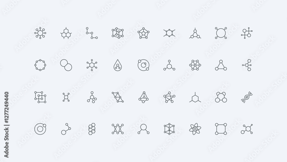 Poster data and bio cell, network of particles, electron and proton thin black outline symbols vector illus