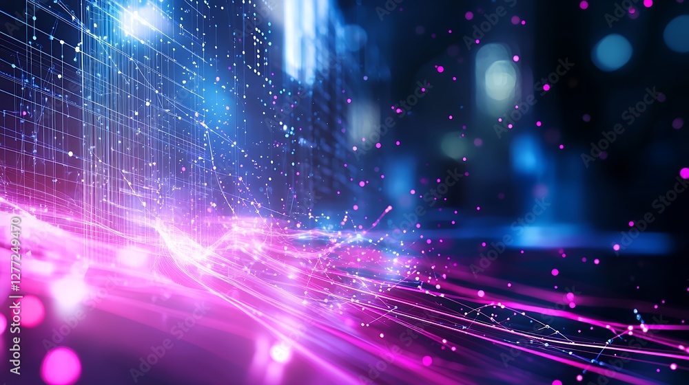 Poster futuristic abstract network data stream in blue and pink hues with bokeh effect background