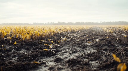 Obraz premium Toxic fertilizer harming plant growth in an agricultural field. Featuring damaged crops and unhealthy soil