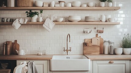 A clean and cozy European kitchen with a large farmhouse sink, wooden shelving, and white subway tiles, top-down shot.