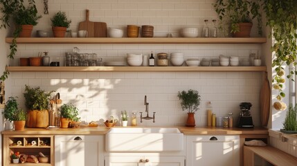 Fototapeta premium A clean and cozy European kitchen with a large farmhouse sink, wooden shelving, and white subway tiles, top-down shot.