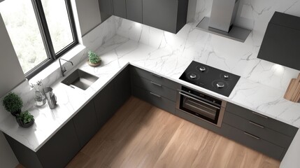 A modern European kitchen with soft gray cabinets, marble backsplash, and under-cabinet LED lighting, top view.
