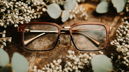 A clean shot of a single pair of stylish eyeglasses with a wooden frame, placed on a flat, neutral surface.