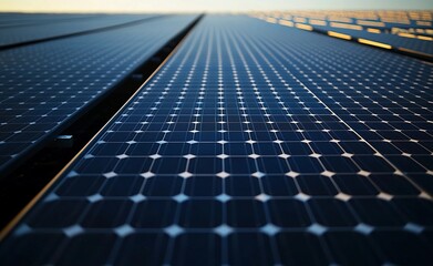 Close-up view of modern solar panels stretching into the distance, bathed in golden sunlight, representing clean energy, sustainability, and the future of renewable power