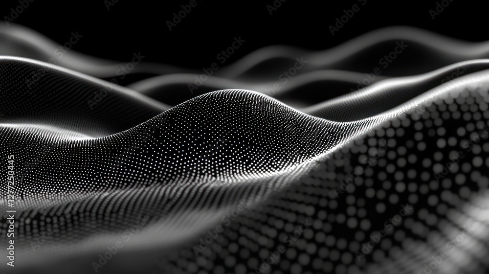 Poster abstract grayscale wave pattern with dots, flowing motion.