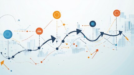 Stylized timeline of major milestones in a corporate expansion strategy featuring symbolic arrows and target markers