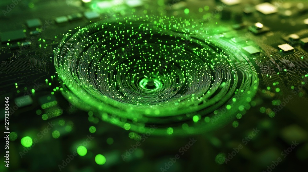Poster abstract green digital vortex swirling on a circuit board.