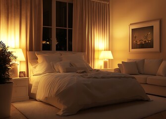 A cozy, white and warm bedroom at night with a comfortable bed, lamps on side tables, and a sofa in the corner of the room
