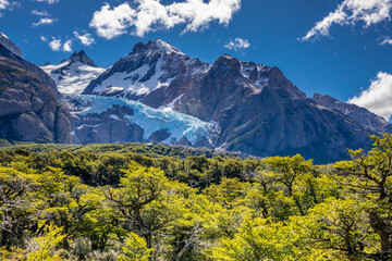 Piedras Blancas Glacier in El Chalten, Argentina high resolution photo. The image features the glacier’s ice formations, surrounding rocky terrain, and Andean landscape. Patagonia mountain landscape