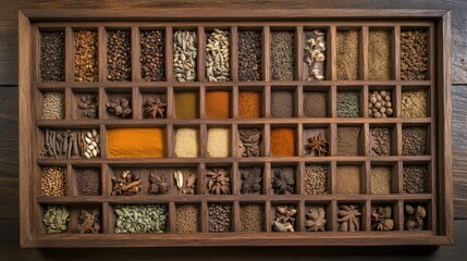 A variety of traditional Indian cooking spices, including chili, cumin, turmeric, coriander, cardamom, garam masala, saffron, cinnamon, and star anise, arranged in wooden trays on an old rustic table.
