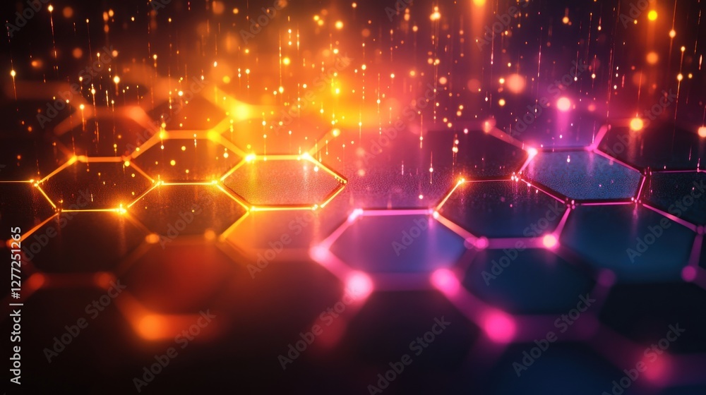 Aufkleber Abstract hexagonal network with glowing particles and vibrant colors.